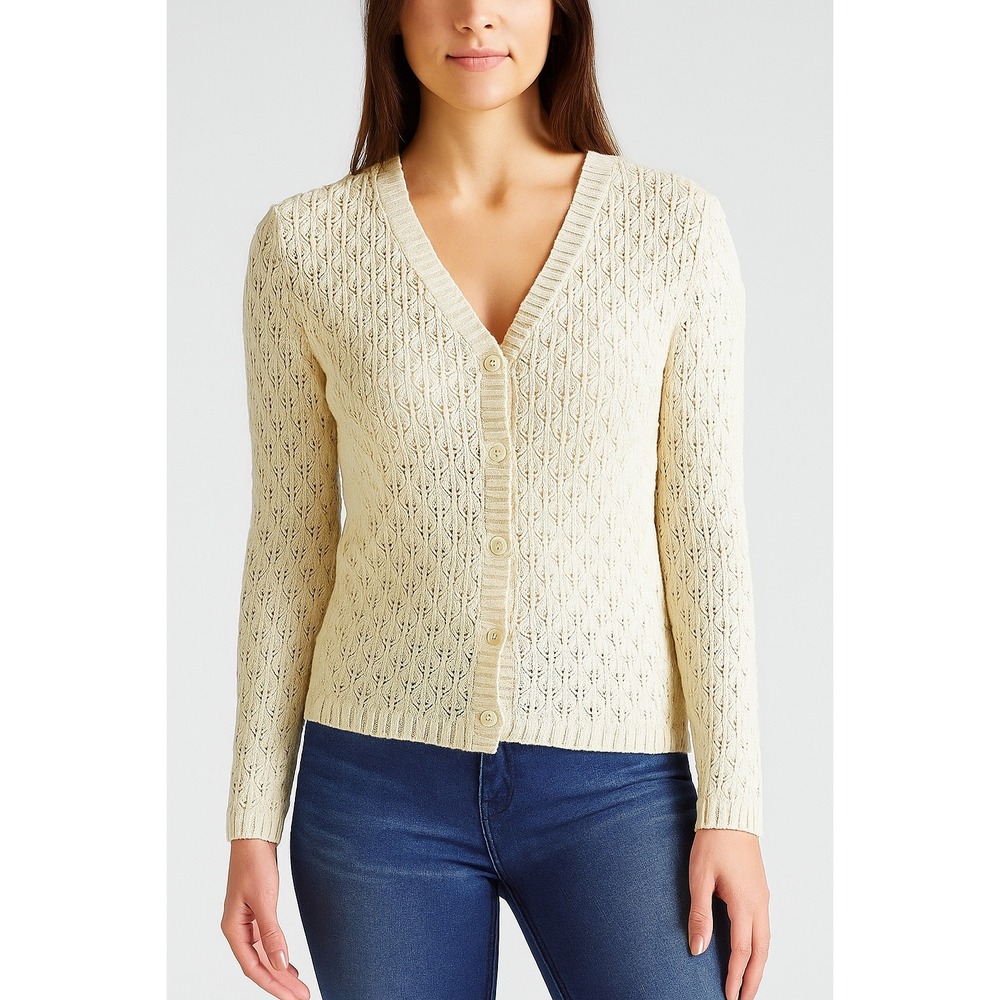 Bobbie Brooks Cream Pointelle Knit Cardigan Button Front Classic Lightweight